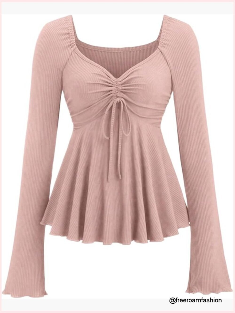 Long Sleeve Tie Front Babydoll Peplum Top Sweetheart Neckline Tee